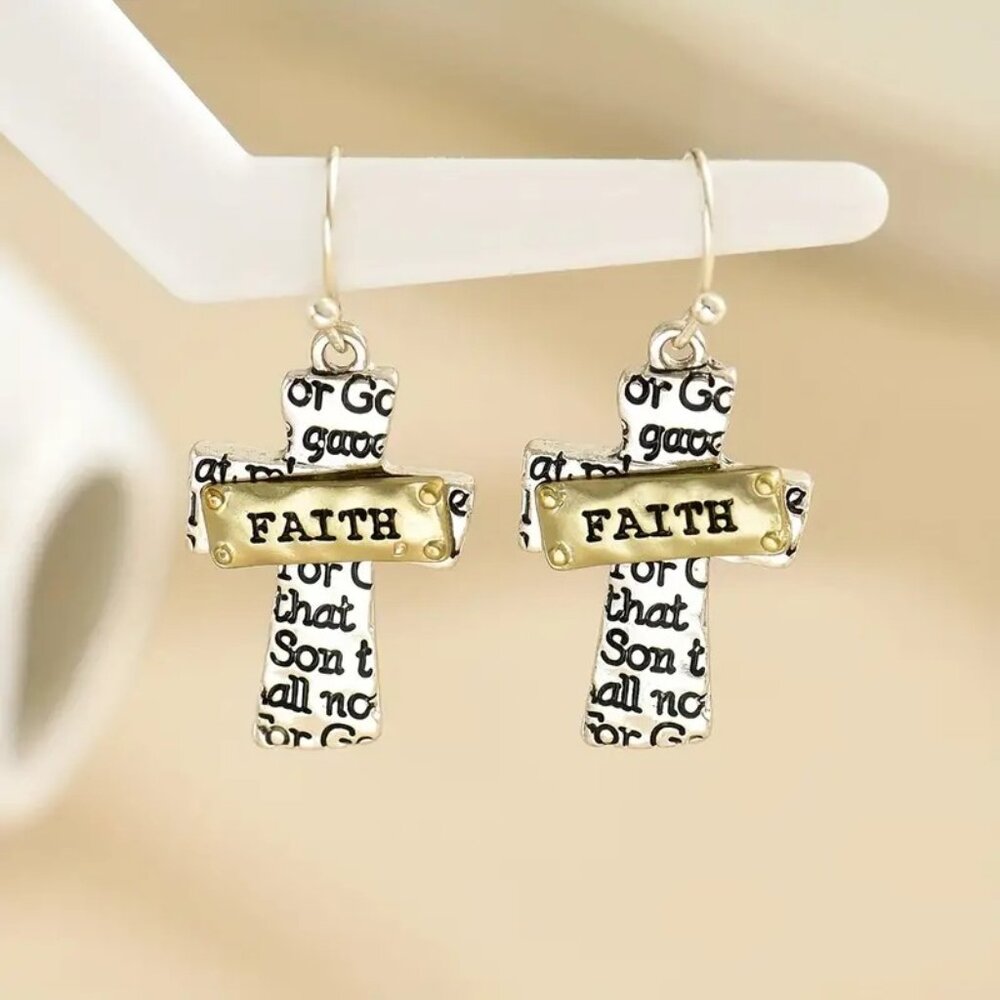Bohemia Vtg Inspired Cross Dangle Religious Faith Logo Gold Dainty Earrings